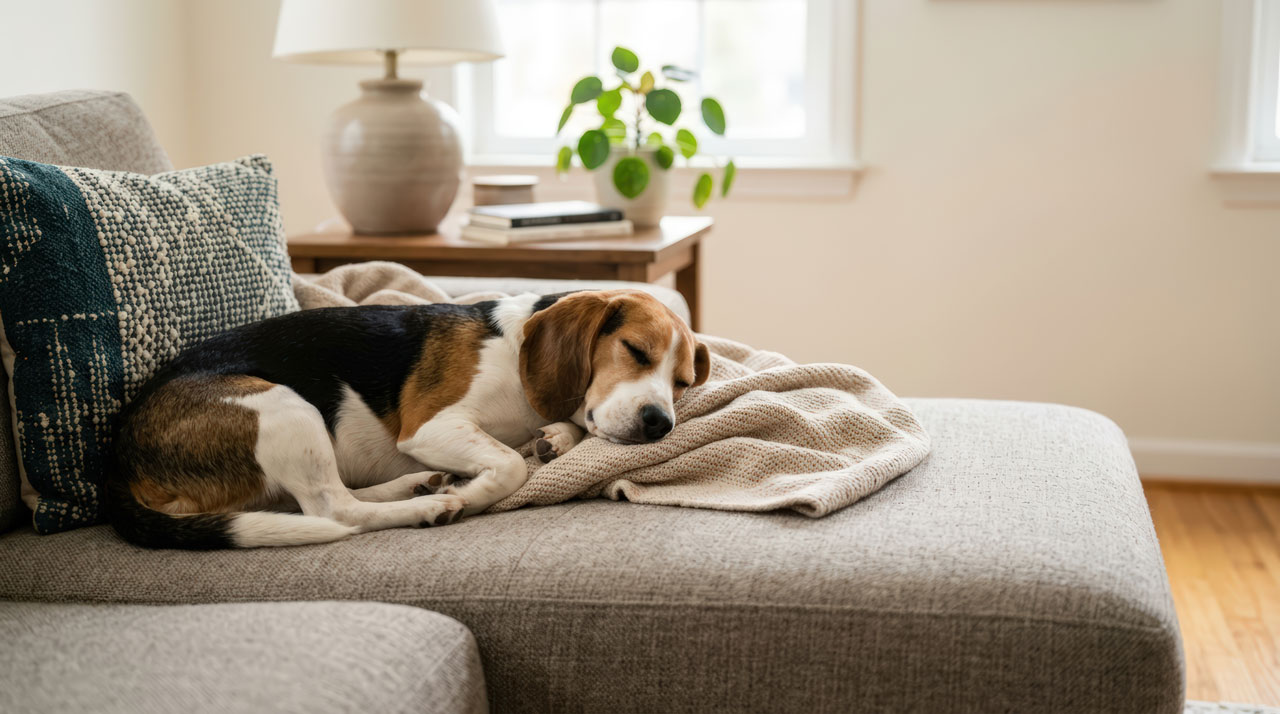 dog sleeping on a cozy blanket on a sofa in a living room